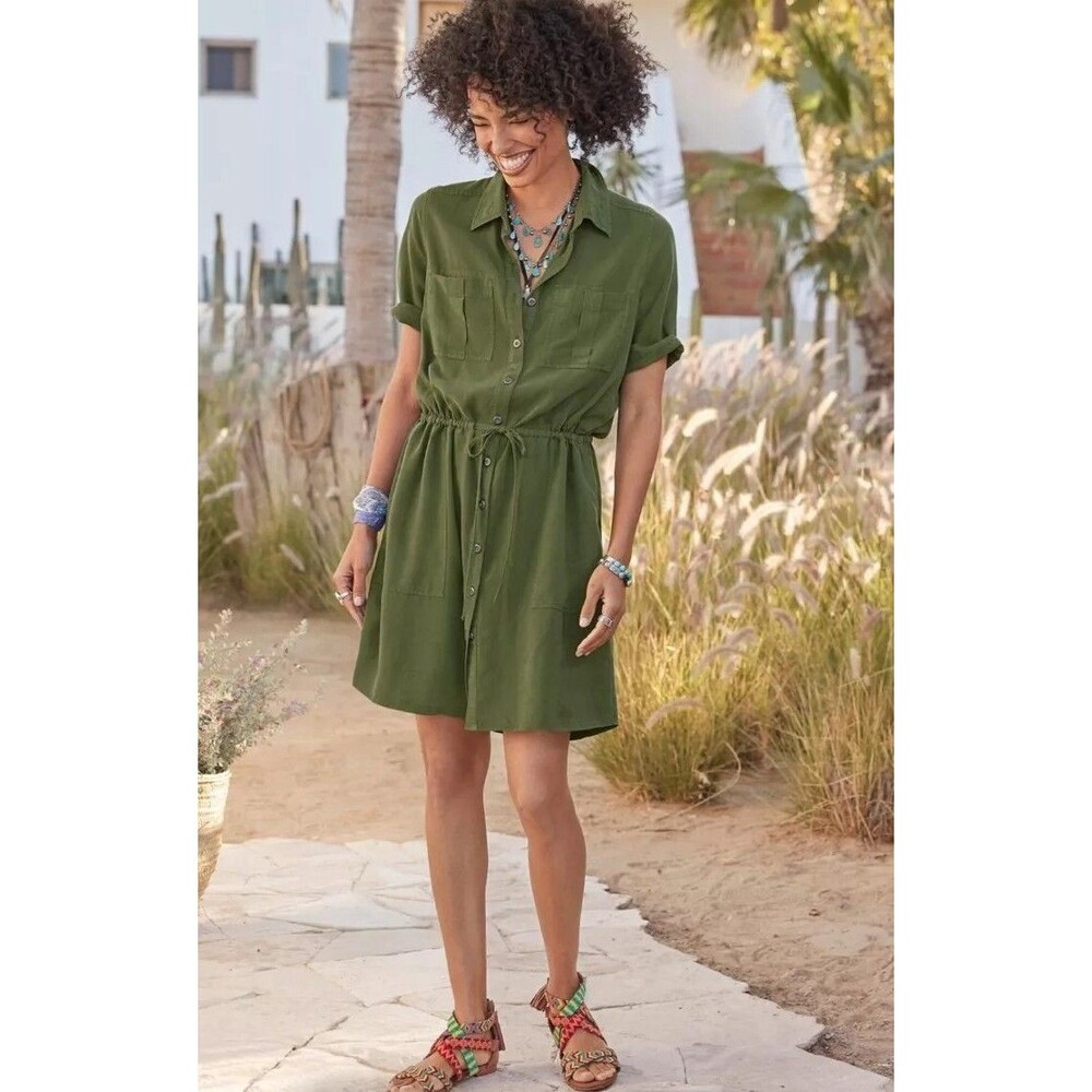 Sundance Hartford Shirt Dress XS Chive Green Lyocell Utility Drawstring NWT